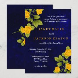Dark Blue und Marigold Yellow Rose Wedding Einladung