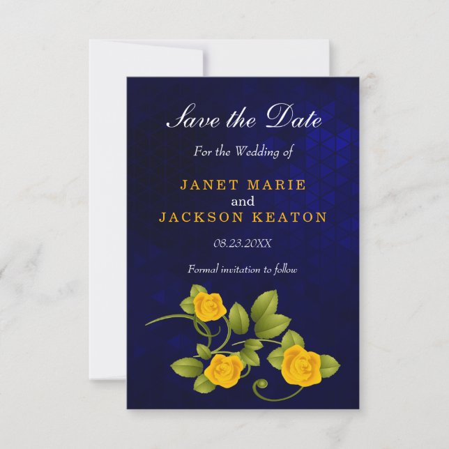 Dark Blue und Marigold Yellow Rose Wedding Save The Date (Vorderseite)