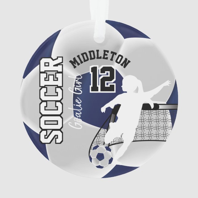 Dark Blue und White Soccer ⚽ Goalie Girl Ornament (Rückseite)