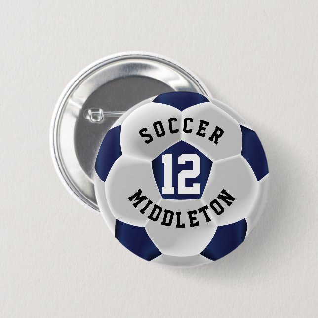 Dark Blue und White Soccer Sport Ball Button (Vorne & Hinten)