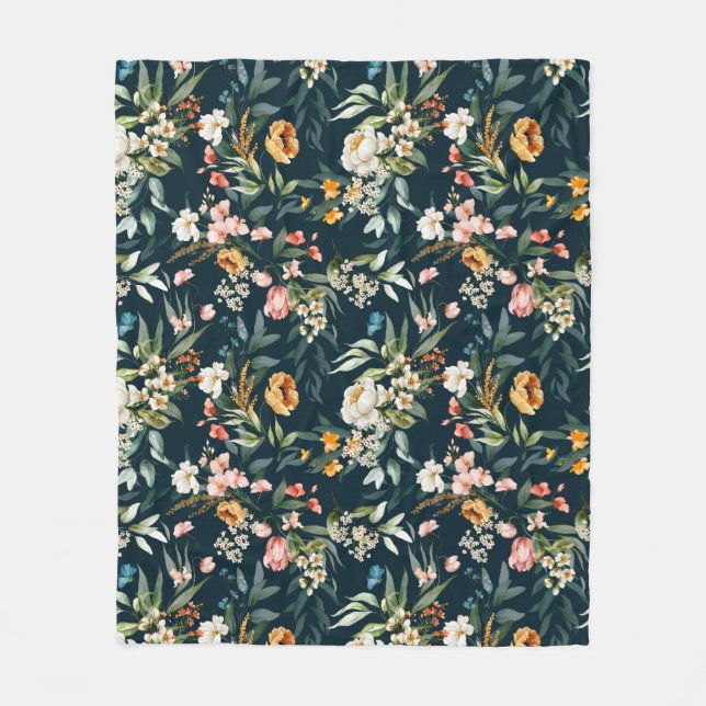 Dark Blue Vintag Style Garden Blume Muster Fleecedecke (Vorderseite)