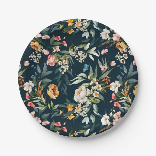 Dark Blue Vintag Style Garden Blume Muster Pappteller (Vorderseite)