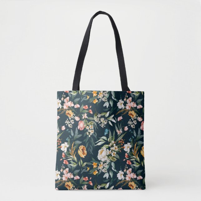 Dark Blue Vintag Style Garden Blume Muster Tasche (Vorderseite)