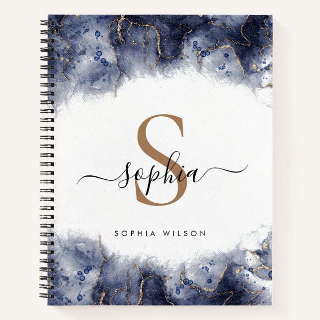 Dark Blue Watercolor Gold Monogram Script Notebook Notizbuch (Vorderseite)