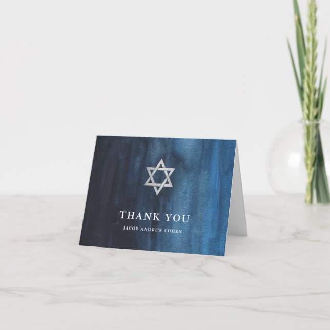 Dark Blue Watercolor Look Bar Mitzvah Vielen Dank Dankeskarte (Vorderseite)