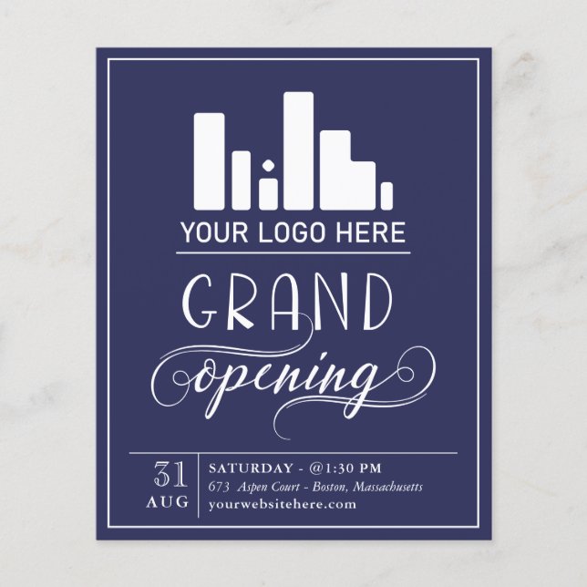 Dark Blue & White Grand Eröffnungs Your Logo Invit Flyer (Vorne)