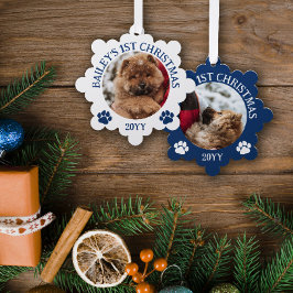 Dark Blue White Paw druckt Puppy's 1. Weihnachten Ornament Karte