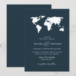 Dark Blue World Map | Elegante Hochzeit zum Thema Einladung