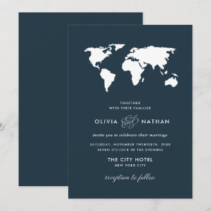 Dark Blue World Map   Elegante Hochzeit zum Thema  Einladung