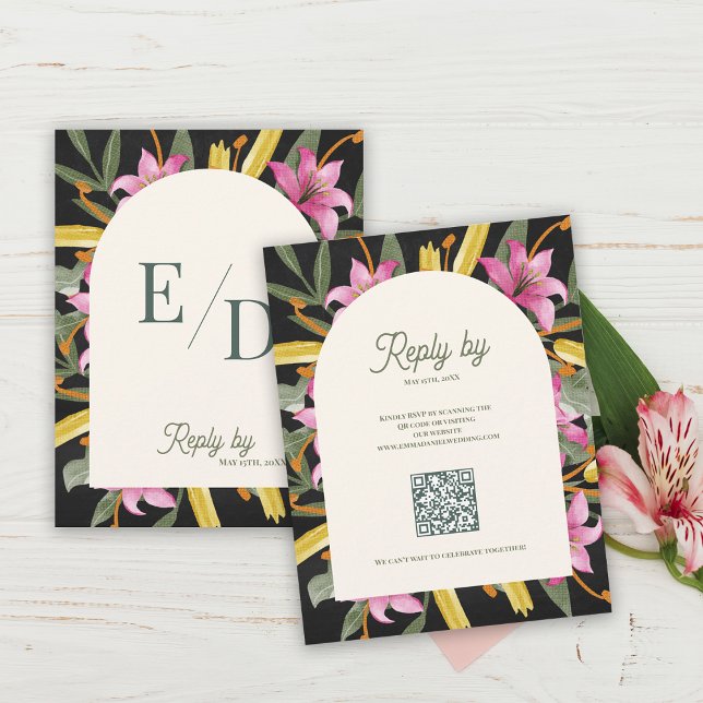 Dark Blush Pink Lily Arched RSVP Card with QR Code Karte (Dark Blush Pink Lily Arched RSVP Card with QR Code | Botanical Monogram Floral Arch Wedding Response)