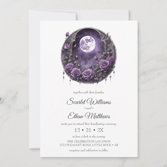 Dark Boho Moon Door Garden Lila Rose Handfasten Einladung (Vorderseite)