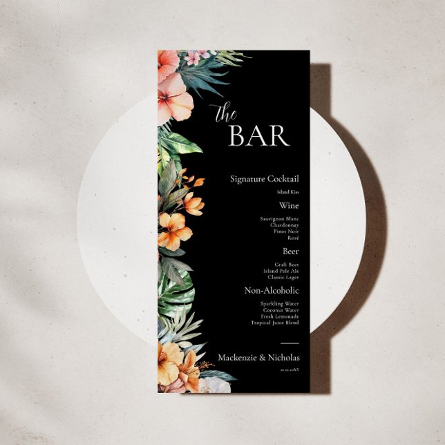 Dark Boho Tropical Floral Wedding Bar Menu Menükarte (tropical wedding bar menu)