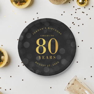 Dark Bokeh Gold jubelt bis 80 Jahre Geburtstag Pappteller