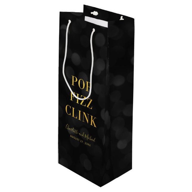 Dark Bokeh Imitate Gold Pop Fizz Clink Geschenktüte Für Weinflaschen (Vorderseite Schrägansicht)