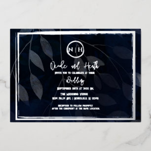 Dark Botanical Elegant Navy Blue & Silver Wedding Folieneinladung