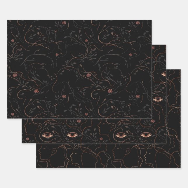 Dark Botanical Faces Wrapping Paper Set Geschenkpapier Set (Set)