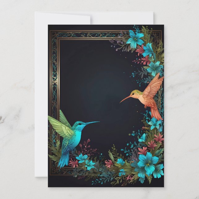 Dark Botanical Hummingbird Theme Einladung (Rückseite)