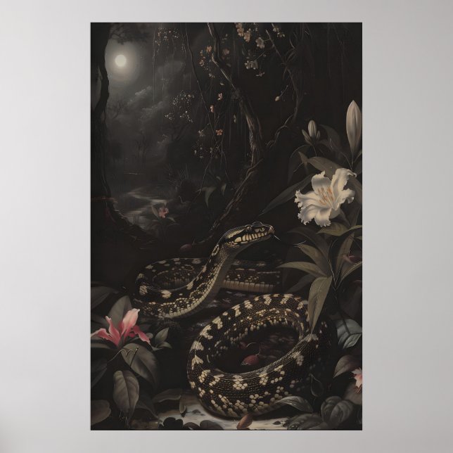 Dark Botanical Snake Art Print Floral Reptile Poster (Vorne)