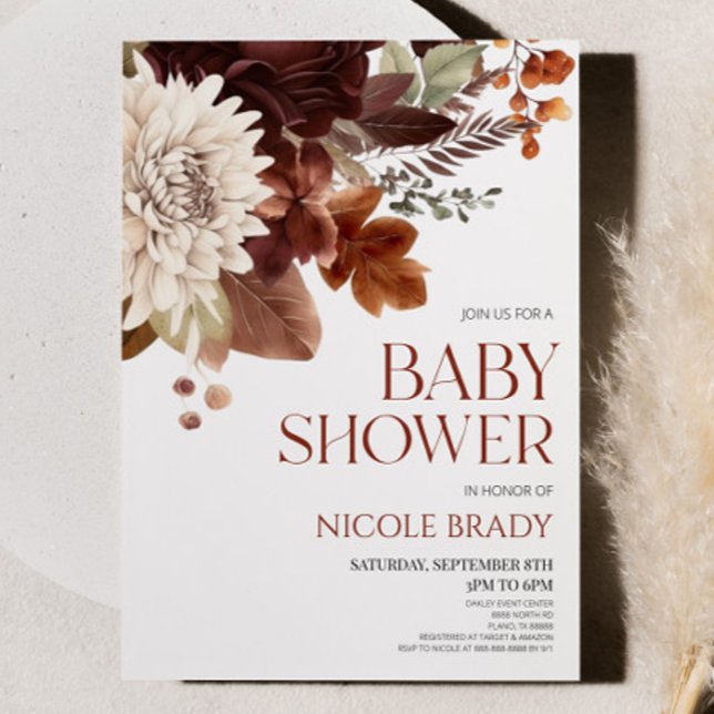 Dark Brown Burgundy Floral Flowers Babydusche Einladung (Von Creator hochgeladen)