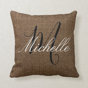 Dark Brown Burlap look Monogram Personalisiert Nam Kissen