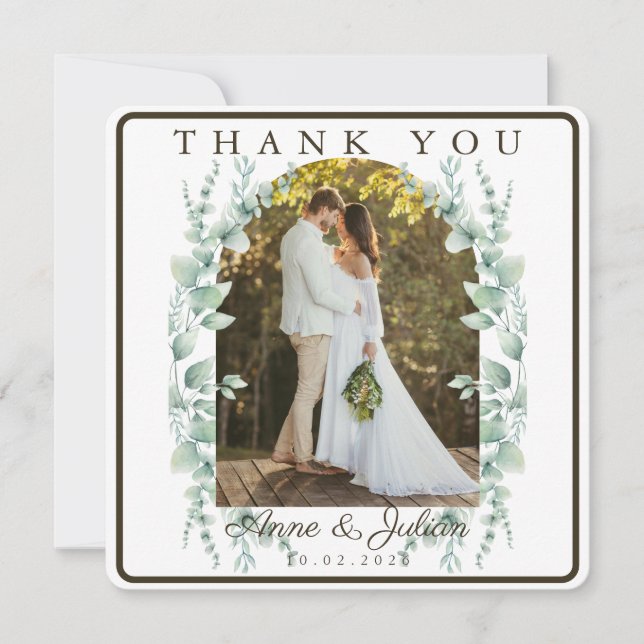 Dark Brown Eucalypthus leaves Wedding W/ 2 photos Dankeskarte (Vorderseite)
