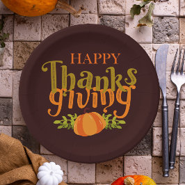 Dark Brown Happy Thanksgiving Fall Yellow Pumpkin Pappteller