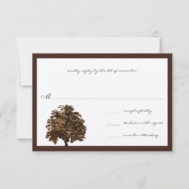Dark Brown Oak Tree Wedding RSVP Einladung (Vorderseite)