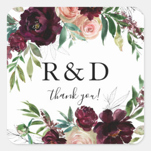 Dark Burgundy & Blush Pink Floral Monogram - Quadratischer Aufkleber
