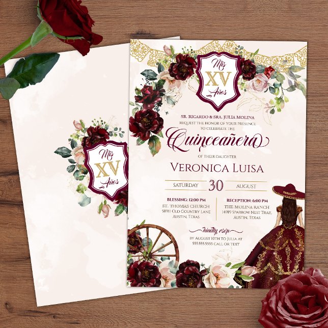 Dark Burgundy Rose Elegante Charro Quinceanera Einladung (Von Creator hochgeladen)