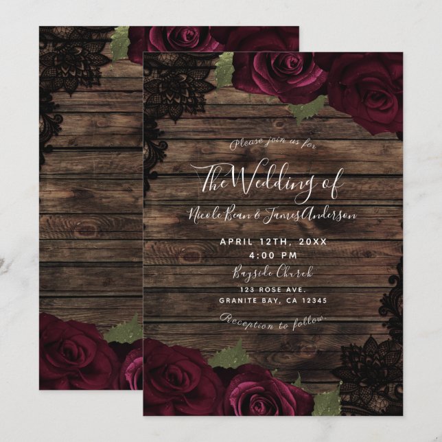 Dark Burgundy Rose Wood Black Lace Wedding Einladung (Vorne/Hinten)