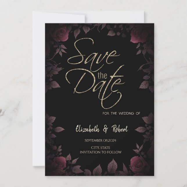  Dark Burgundy Roses Black Save The Date Card (Vorderseite)
