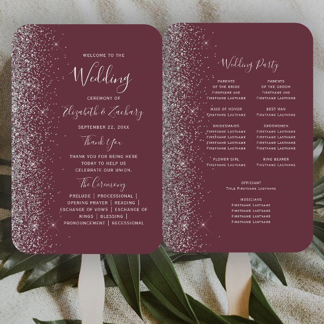 Dark Burgundy Silver Glitzer Edge Wedding Program Fächer (Von Creator hochgeladen)