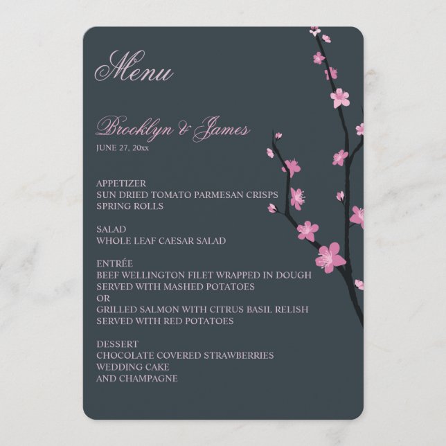 Dark Cherry Blossom Wedding Menu Menükarte (Vorderseite)