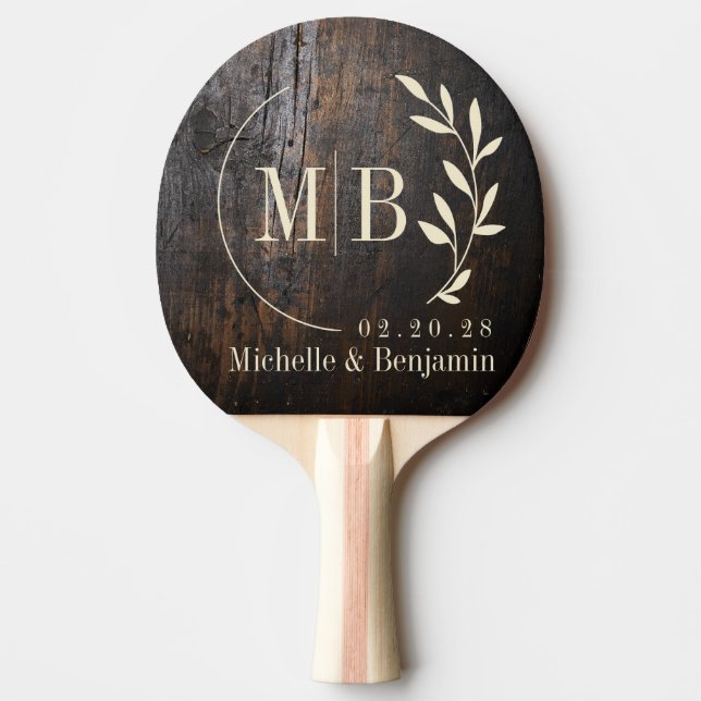 Dark Chopping Block Leaf Wedding Monogram Tischtennis Schläger (Vorderseite)
