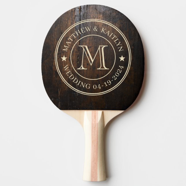 Dark Chopping Block Wedding Monogram Star Tischtennis Schläger (Vorderseite)