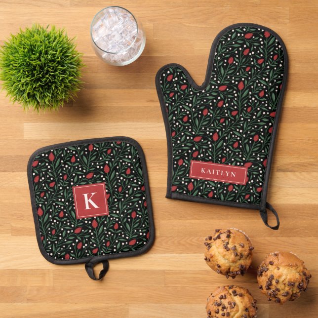 Dark Christmas Floral Monogram Name Ofenhandschuh & Topflappen-Set (Oben Unten)