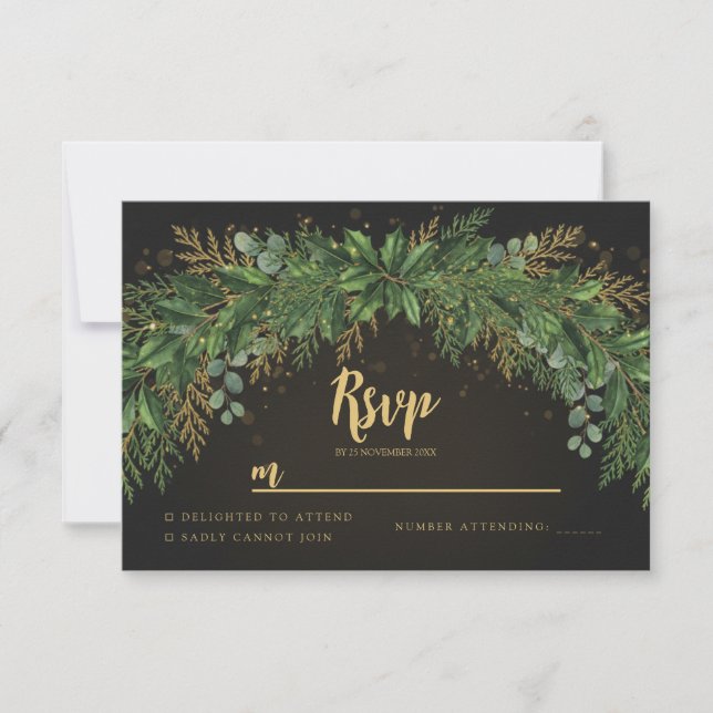 Dark Christmas Greenery Arch Wedding RSVP Card (Vorderseite)