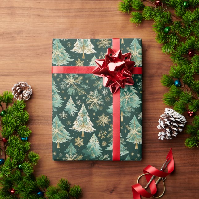 Dark Christmas Trees & Snowflakes Wrapping Paper Geschenkpapier (Feiertagsgeschenk)