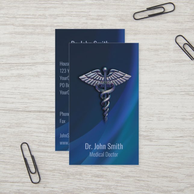 Dark Chrome Holographic 3D Medical Caduceus Visitenkarte (Vorderseite/Rückseite Beispiel)