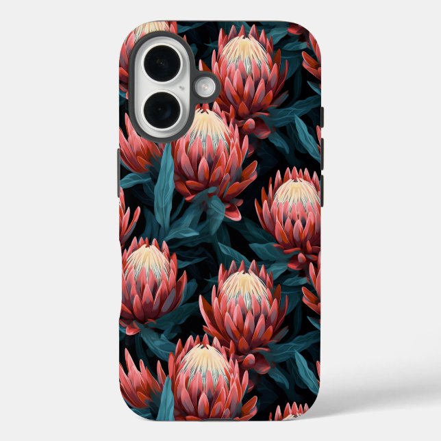 Dark CorBold Protea Blumenstrauß iPhone 16 Hülle (Rückseite)