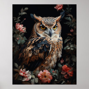 Dark Cottagecore Owl And Flowers Art Print Poster