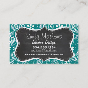 Dark Cyan Paisley; Floral; Retro Chalkboard Visitenkarte