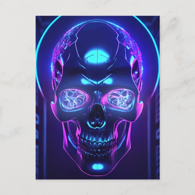 Dark Cyber Neon Obsidian Skull Postkarte (Vorderseite)