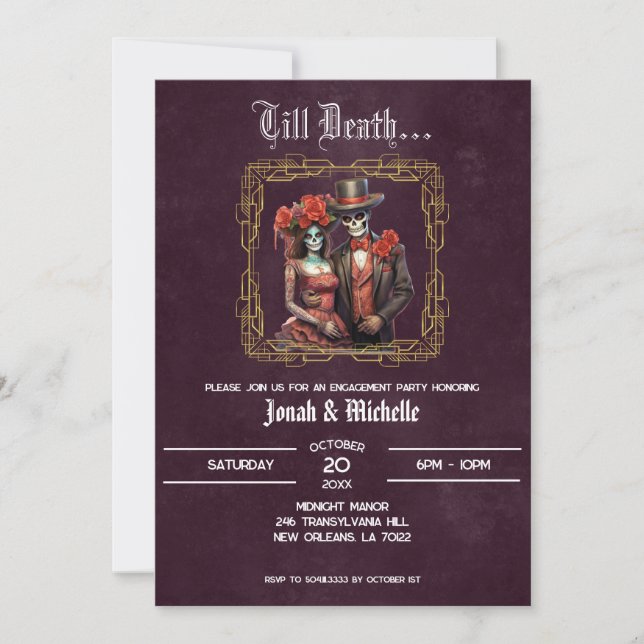 Dark Dia De Los Muertos Engagement Party Einladung (Vorderseite)