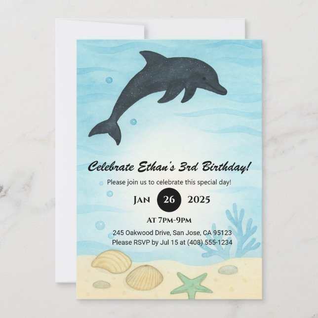  Dark Dolphin Seashell Ocean Scene Birthday  Einladung (Vorderseite)