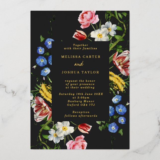 Dark Dutch Master Floral Frame Wedding Gold Folieneinladung (Vorderseite)