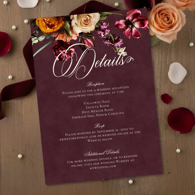 Dark Elegant Autumn Floral Burgundy Wedding Detail Begleitkarte (Von Creator hochgeladen)