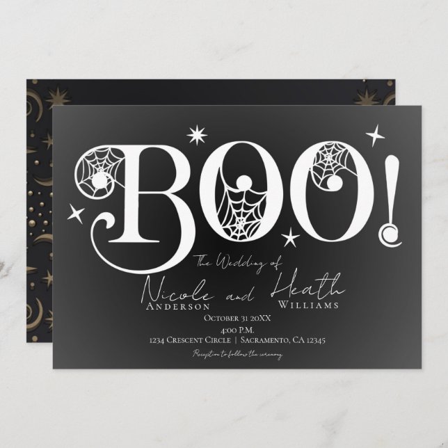 Dark Elegant BOO Schwarz-weiße Halloween Hochzeit  Einladung (Vorne/Hinten)