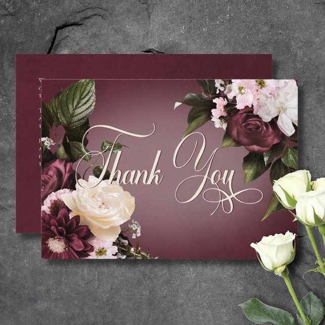 Dark Elegant Burgundy & Cream Blur Floral Wedding Dankeskarte (Dark Elegant Burgundy & Cream Blur Floral Wedding Thank You Card)