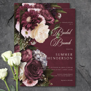 Dark Elegant Burgundy & Cream Floral Bridal Brunch Einladung